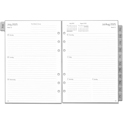 2025 2026 Wochenplaner Einlage A5 6 Löcher, auf Englisch, 1 Woche 2 Seiten mit Tabs, Extra Notizen Kontakt, von Aug.25 bis Jul.26, 100 gsm, Kalendereinlagen für Kalender 2025 2026 Planer von YHH