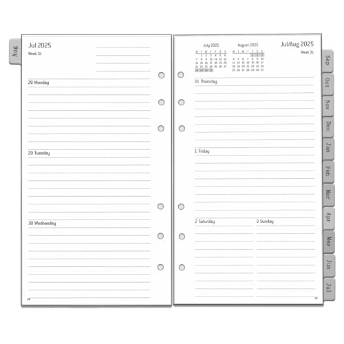 2025 2026 Wochenplaner Einlage Personal A6, 6 Löcher, 1 Woche 2 Seiten mit Tabs, Extra Notizen Kontakt, von Aug.25 bis Jul.26, 100 gsm, 95x171mm, Nachfüllpapier auf Englisch von YHH