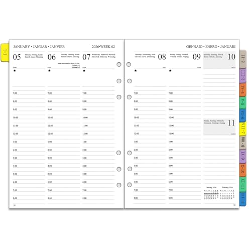 2026 Wochenplaner Einlage A5 6 Löcher, Vertikal, 1 Woche 2 Seiten mit Tabs, Notizen, Kontakt, Jan.26-Dez.26, 100GSM Dickes Papier, Nachfüllpapier für Kalender 2026 Planer(Mehrsprachig) von YHH