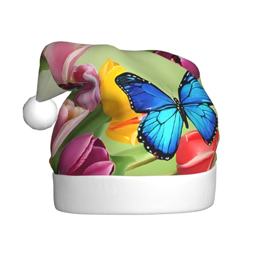 YHLKLWKSZC Blaue Schmetterlings- und Blumen-bedruckte Weihnachtsmütze, Weihnachtsmannmütze für Erwachsene, Unisex, Urlaubs-Weihnachtsmütze von YHLKLWKSZC
