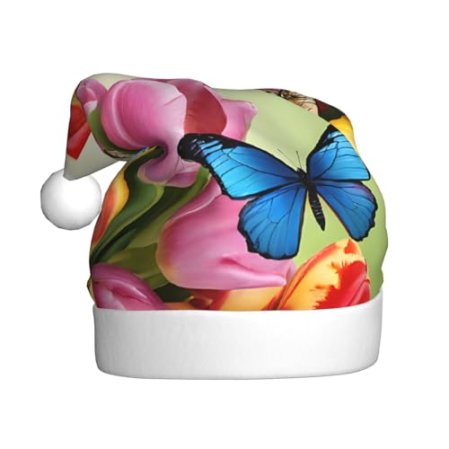 YHLKLWKSZC Blaue Schmetterlings- und Blumen-bedruckte Weihnachtsmütze, Weihnachtsmannmütze für Erwachsene, Unisex, Urlaubskappe von YHLKLWKSZC