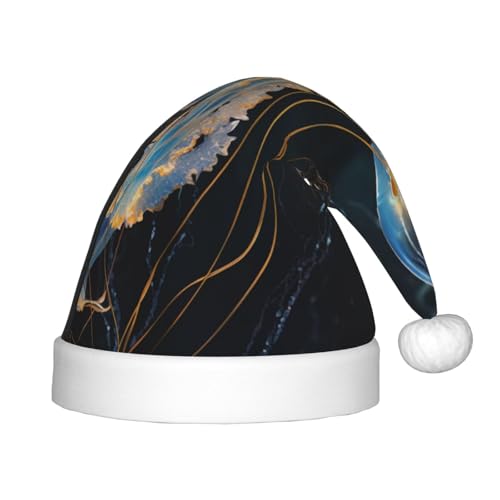 YHLKLWKSZC Blaue und goldene Quallen bedruckte Weihnachtsmütze, Weihnachtsmannmütze, Weihnachtsmannmütze, Weihnachtsmannmütze, weich und bequem, 1 Stück von YHLKLWKSZC