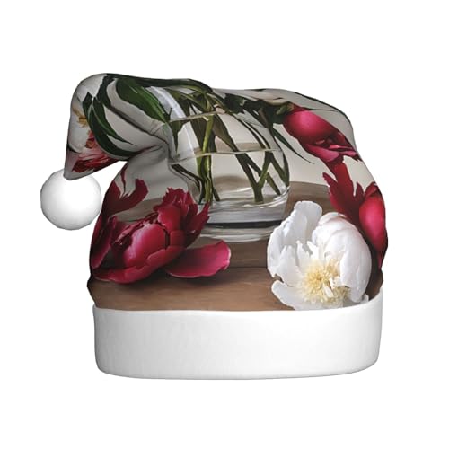 YHLKLWKSZC Weihnachtsmütze mit Pfingstrosenblüten, bedruckt, Weihnachtsmannmütze für Erwachsene, Unisex, Urlaubskappe von YHLKLWKSZC