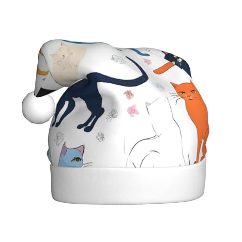 YHLKLWKSZC Weihnachtsmütze mit Schmetterlingsmütze und niedlicher Katze, bedruckt, Weihnachtsmannmütze für Erwachsene, Unisex, Urlaub von YHLKLWKSZC