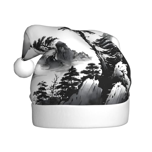 YHLKLWKSZC Weihnachtsmütze mit chinesischem Landschaftsdruck, bedruckt, Weihnachtsmannmütze für Erwachsene, Unisex, Urlaubskappe von YHLKLWKSZC