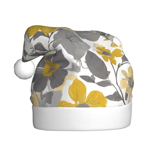 YHLKLWKSZC Weihnachtsmütze mit gelb-grauem Blumendruck, Weihnachtsmannmütze für Erwachsene, Unisex, Urlaubsmütze von YHLKLWKSZC