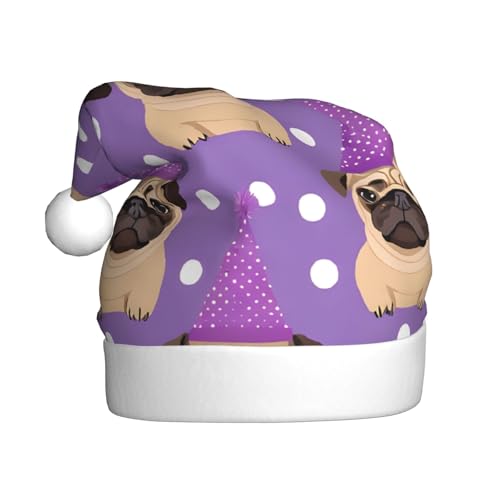 YHLKLWKSZC Weihnachtsmütze mit lustigem Cartoon-Motiv Mops, Welpe, Hund, bedruckt, Weihnachtsmannmütze für Erwachsene, Unisex, Urlaub von YHLKLWKSZC