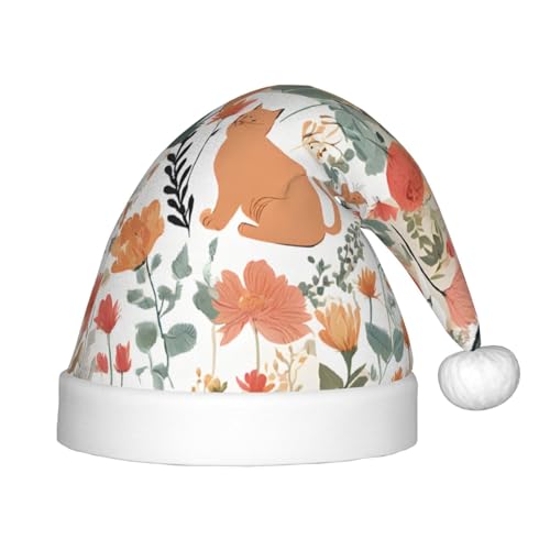 YHLKLWKSZC Weihnachtsmütze mit lustigen Katzen, Vögeln und Blumen, bedruckt, Weihnachtsmannmütze, weich und bequem, 1 Stück von YHLKLWKSZC