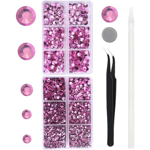 YHMQ DU 6616 Stück heiße rosa Hotfix-Strasssteine, Kristall-Edelsteine, Glas für Trinkgläser, Kleidung, Hemden, Glitzer, Flache Rückseite, rund, mit Pinzette und Picking-Stift (SS6~SS30) von YHMQ DU