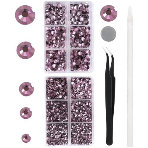 YHMQ DU 6616 Stück hellviolette Hotfix-Strasssteine, Kristallglas-Diamanten für Trinkgläser, Kleidung, Hemden, Bling, flache Rückseite, rund, mit Pinzette und Picking-Stift (Set SS6–SS30) von YHMQ DU