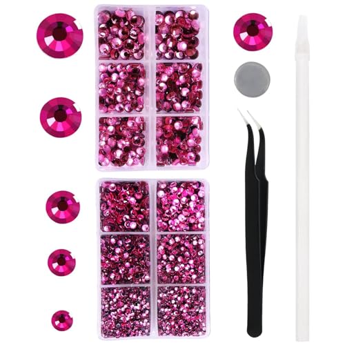 YHMQ DU 6616 Stück rosaroter heißer Diamant-Strass-Kristallglas-Edelstein für Becher, Kleidung, Hemd, glänzend, flache Rückseite, rund, mit Pinzette und Aufnahmestift (SS6~SS30-Set) von YHMQ DU