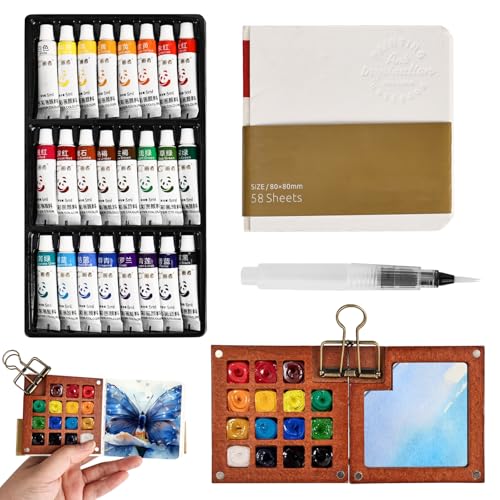 Mini Aquarell Set, mini Palette, 15 Gitter Paletten Holz mit 24 Farben Pigment, Skizzenbuch, Metallklammern, Aquarellpinsel Stifte, für Maler, Künstler, Studenten Mini Aquarell Set, mini Palette, 15 Gitter Paletten Holz mit 24 Farben Pigment, Skizzenbuch, Metallklammern, Aquarellpinsel Stifte, für Maler, Künstler, Studenten von YHNDECO