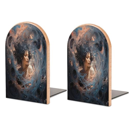 Buchstützen aus Holz für Regale, schwarzes Loch im Weltraumdruck, dekorative Buchstützen mit rutschfester Metallbasis, Buchstopper für Zuhause, Büro, Bibliothek (1 Paar) von YHNNH