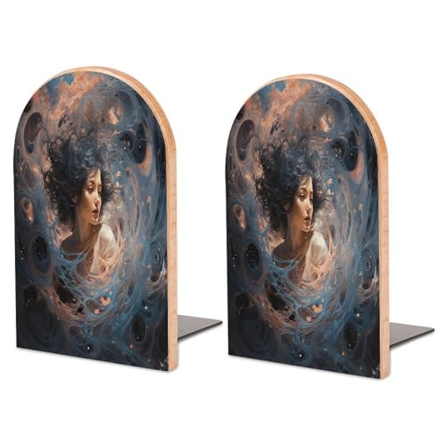 Buchstützen aus Holz für Regale, schwarzes Loch im Weltraumdruck, dekorative Buchstützen mit rutschfester Metallbasis, Buchstopper für Zuhause, Büro, Bibliothek (groß, 1 Paar) von YHNNH