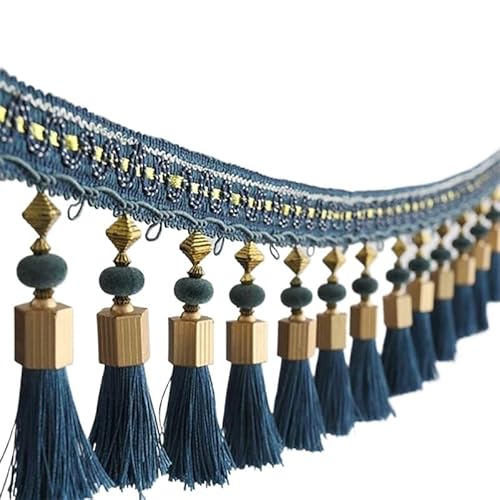 YHNNH， Perlen hängende Kugelquaste, Fransenbesatz, 2 Meter Quaste, Fransenkantenbesatz for DIY-Vorhang, Tischdekoration, Stoffbandbesatz(Blu) von YHNNH