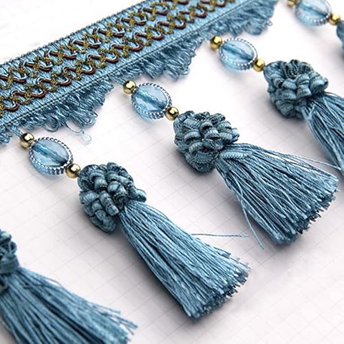 YHNNH， Perlen hängende Kugelquaste, Fransenbesatz, 3 Meter Perlenkugelquastenbesatz Geflecht Fransenbesatz Vorhangquaste Nähen Zuhause Sofa Tischdekoration(Blue) von YHNNH