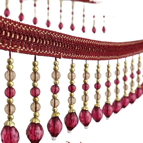 YHNNH， Perlen hängende Kugelquaste, Fransenbesatz, Quastenfransenbesatz, geflochtene hängende Perlen, Bandbesatz, Tischdecke, DIY, Kostüm, Basteln(Rose Red,2 Meters) von YHNNH