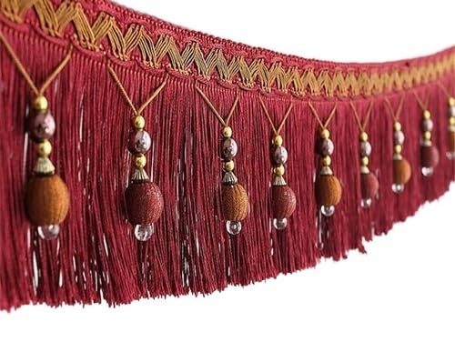 YHNNH， Perlen hängende Kugelquaste, Fransenbesatz, geflochtene Perlen Quaste Fransen hängende Kugelbesatz for Vorhang, Tisch, Quastenkanten-Nähbesatz(Red,1 Meters) von YHNNH