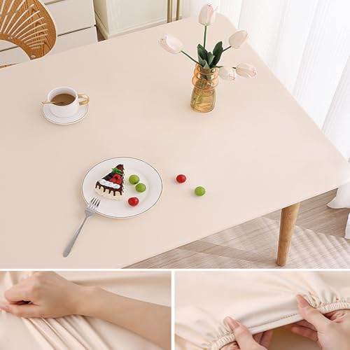 Elastische Tischdecke Rechteckig - Abwischbar Wasserdicht mit Gummizug, Leder/PU Tischhusse für Küche Terrasse Outdoor Tischdekoration(Beige,90 X 150 cm) von YHXAIQ