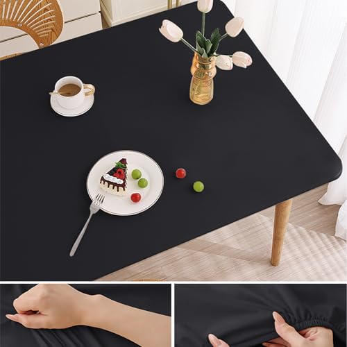 Elastische Tischdecke Rechteckig - Abwischbar Wasserdicht mit Gummizug, Leder/PU Tischhusse für Küche Terrasse Outdoor Tischdekoration(Black,70 X 140 cm) von YHXAIQ