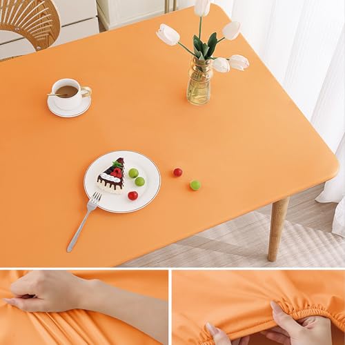 Elastische Tischdecke Rechteckig - Abwischbar Wasserdicht mit Gummizug, Leder/PU Tischhusse für Küche Terrasse Outdoor Tischdekoration(Orange,90 X 140 cm) von YHXAIQ