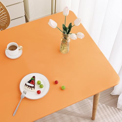 Elastische Tischdecke Rechteckig mit Gummizug, Abwischbar Wetterfeste Tischhusse aus PU Leder für Terrasse Party, Rundumgurte Tischdecken Outdoor(Orange,100 X 100 cm) von YHXAIQ