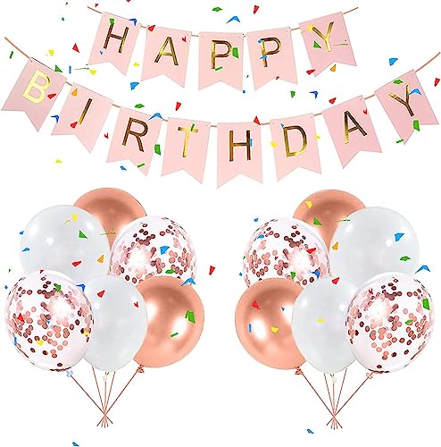 Happy Birthday Banner Geburtstag Wimpelkette 12 Stück Rose Gold Happy Birthday Luftballons 30,5 cm Latex Rosa Konfetti Ballons für Mädchen Geburtstag Party Dekorationen (Roségold) von YHZHIZHIMQ