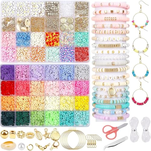 YHZHIZHIMQ 48 Farben Perlen zum Auffädeln, 7800+ Stück Set, 6mm Polymer Clay Perlen für armbänder Selber Machen mit Buchstaben, Schmuckherstellung Kit für Ringen Halsketten Geschenk Erwachsener von YHZHIZHIMQ
