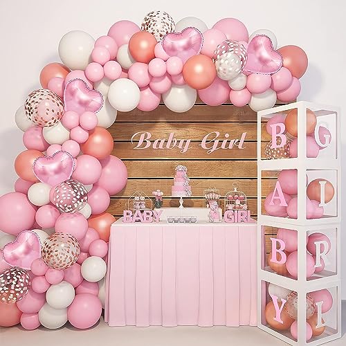 143Stück Gender Reveal Luftballon Girlande Babyparty Deko Baby Shower Mädchen Rosa Weiß Luftballon Baby Box AZ Buchstabe für Taufe Deko Mädchen Geburtstag Tischdecke Hintergrund Gender Reveal Deko von YHmall