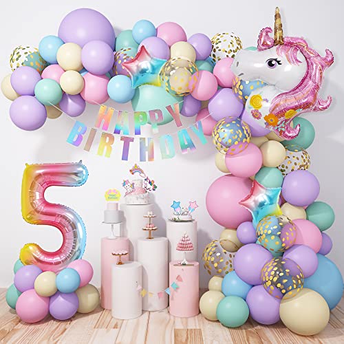 5 Einhorn Ballons Geburtstagsdekoration Mädchen 120 Stück Pastell Macaron Luftballon Girlande Arch Kit, Rosa Lila Confetti Latexballons mit Folienballon Zahl 5 Kuchen Topper Happy Birthday banner 5 Einhorn Ballons Geburtstagsdekoration Mädchen 120 Stück Pastell Macaron Luftballon Girlande Arch Kit, Rosa Lila Confetti Latexballons mit Folienballon Zahl 5 Kuchen Topper Happy Birthday banner von YHmall