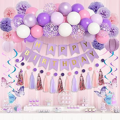 Lila Luftballons Geburtstagsdeko 66Pcs Pastel Purple Baby Pink Rosa Luftballon Frauen Mädchen Lila Banner Schmetterling Hängende Wirbel Papierlaternen Birthday Bridal Shower Hochzeit Party Decorations von YHmall
