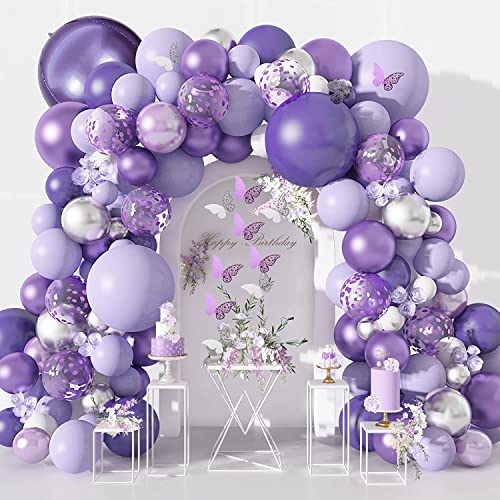 Lila Luftballons Girlande YHmall 145 Stück Lila Deko Geburtstag Mädchen 12 Stück Schmetterling Decoration Lila Konfetti Silber Ballon Schmetterling für Baby Shower Hochzeit Party Geburtstagsdeko von YHmall