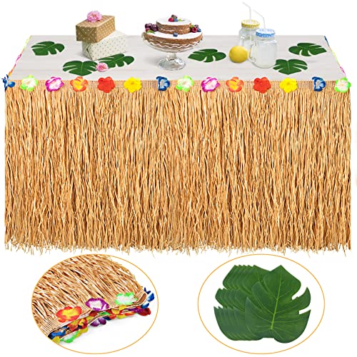 YHmall Hawaii Luau Tischröcke Party Deko (9.2X2.5ft), Tischdecke mit 30 Mehrfarbe Blumen und 6 Künstliche Palmenblätter, für Sommer Garden Beach Tiki Party Dekoration (Gold) MEHRWEG von YHmall