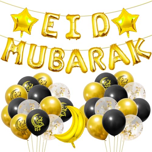 Eid-Dekorationen für Zuhause – 40 Stück Ramadan-Dekorationen umfassen goldene Stern-Mond-Luftballons und Eid-Mubarak-Banner Folienballon für Ramadan-Partyzubehör von YIAJIA