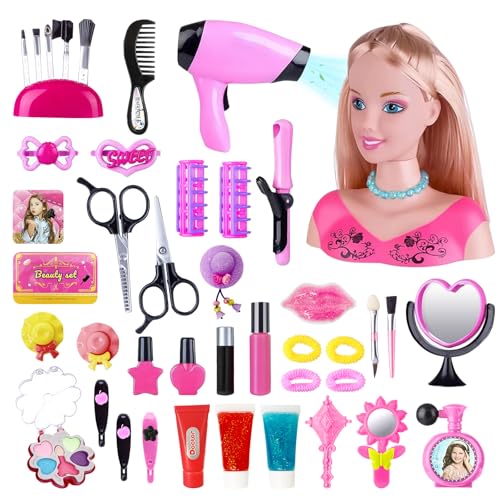 Schminkpuppe Frisierkopf Kinder Friseur Set: Schminkkopf für Mädchen mit Puppenkopf und Friseur Zubehör Set - Kinderschminke Spielzeug Geschenk für Mädchen ab 3 4 5 6 7 8 Jahre (Set-6) von YIBEBE