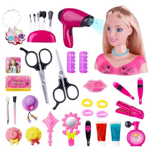 Schminkpuppe Frisierkopf Kinder Friseur Set: Schminkkopf für Mädchen mit Puppenkopf und Friseur Zubehör Set - Kinderschminke Spielzeug Geschenk für Mädchen ab 3 4 5 6 7 8 Jahre (Set-7) von YIBEBE