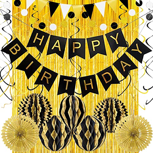 Geburtstagsdeko Happy Birthday Girlande Schwarz Gold Geburtstag Dekoration Papier-Bommeln Pompons Wiederverwendbare für Party Geburtstag Weihnachten Event Karneval von YICH