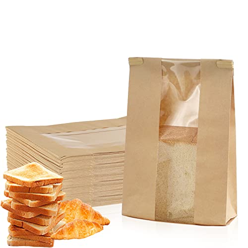 Papiertüten Braun Butterbrottüten 50Stk Braune Papiertüten mit Fenster Tüten Papier Kraftpapier Tüten Brötchentüten Brottüten Papier Geschenktüten für Kekse Toast Sandwich Süßigkeiten (12x5x23cm) von YICH