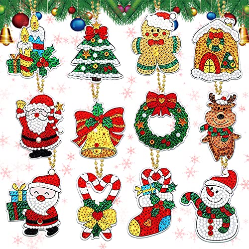 YICHEN 12 Stücke Weihnachten Diamant Malerei Schlüsselanhänger 5D DIY Diamond Painting Keychain Weihnachtsbaum Schlüsselring Weihnachtsmann Schlüsselbund für Tasche Geldbörse Anhänger Geschenk von YICHEN