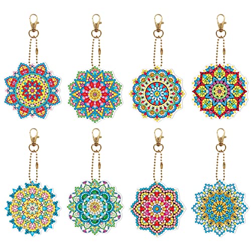 YICHEN 8 Stücke DIY Diamant Malerei Schlüsselbund mit Mandala Blume Design Strass Malerei Schlüsselanhänger Doppelseitig Full Drill Diamond Painting Keychain Tasche Anhänger Geschenk von YICHEN