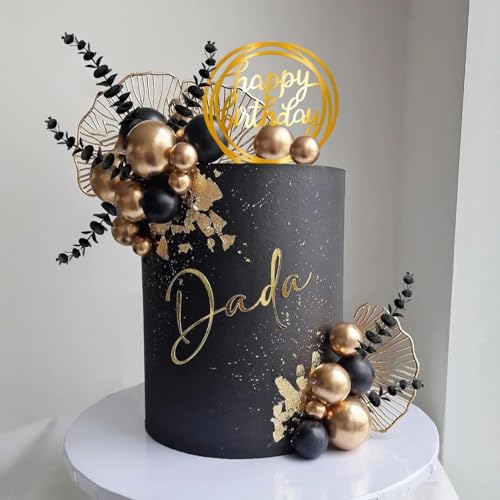 Boho-Kuchenaufsatz, goldfarbene schwarze Kugeln, Kuchendekorationen, Palmblätter, Boho-Gras für Geburtstag, Hochzeit, Babyparty, Partyzubehör (schwarz) von YICRESITY