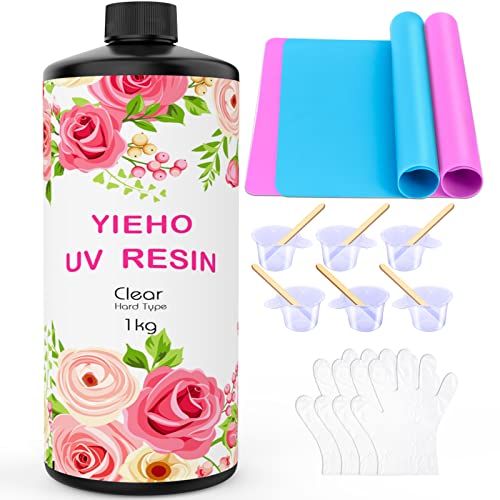 YIEHO 1000g UV Resin -Upgraded Crystal Clear Epoxidharz Hard Solar schnell härtende UV Kleber liefert mit Matte für Handwerk Schmuck machen 1KG von YIEHO