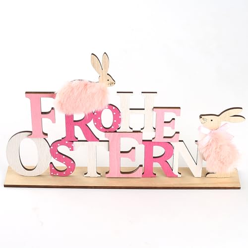 YIEUR 1 Stück Ostern Schriftzug Holz groß Aufsteller mit Osterhasen Figuren, 30cm Ostern Hase Filz Schriftzug Deko, Osterdeko Hasen Osterhasen Holz Hinstellen für Draußen Tischdeko Garten Deko (rosa) von YIEUR