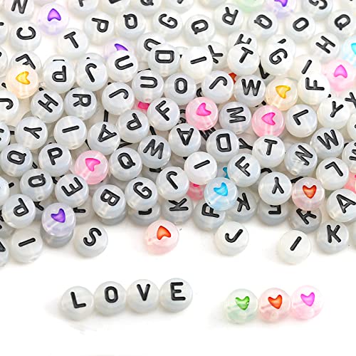 YIEUR 1000 Stück Buchstabenperlen nachtleuchtende, 4x7mm Weiß Buchstabenperlen Rund Alphabet Perlen mit Herz Perlen für DIY&Schmuck Basteln (schwarz(herz)) von YIEUR