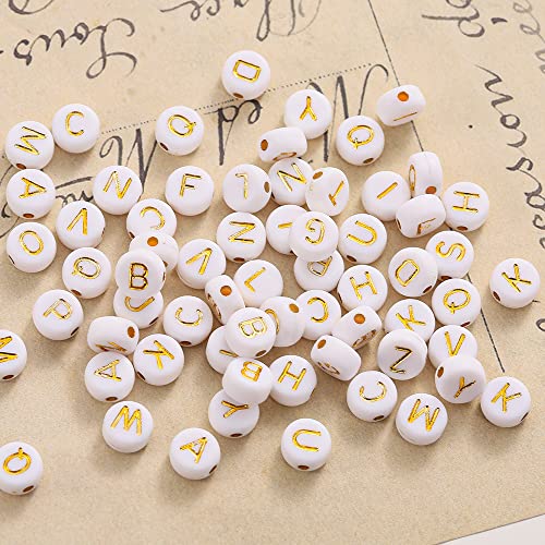 YIEUR 1000 Stück weiß Buchstabenperlen A-Z Set, 7mm lose klein gold Buchstaben Perlen Acrylperlen Spacer Perle mit Loch zum Auffädeln für Armbänder Halsketten DIY Schmuck Herstellung(weiß-gold) von YIEUR
