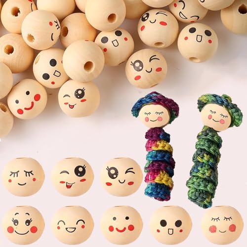 YIEUR 104 Stück Holzperlen mit Gesicht runde, 20mm lose Holz Perlen bedruckt Holzkugeln mit Loch zum auffädeln, 8 style bunt Schmuck Perlen Bastelperlen für Armband Halskette Schmuck Handwerk Deko(A) YIEUR 104 Stück Holzperlen mit Gesicht runde, 20mm lose Holz Perlen bedruckt Holzkugeln mit Loch zum auffädeln, 8 style bunt Schmuck Perlen Bastelperlen für Armband Halskette Schmuck Handwerk Deko(A) von YIEUR