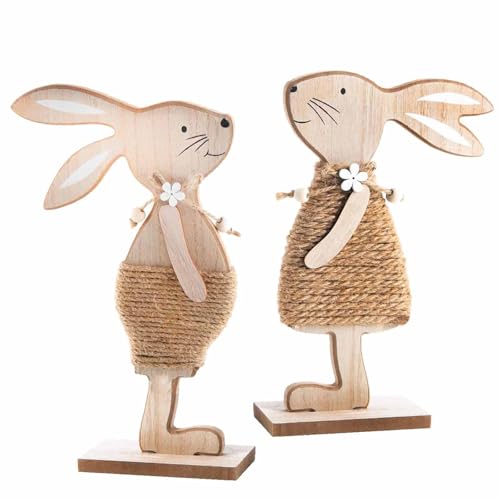 YIEUR 2 Stück Osterhasen Holz Figuren Aufsteller Ostern Hase Deko, 17cm Osterdeko Hasen Osterhasen Holz zum Hinstellen für Draußen Tischdeko Garten Deko (Hanfseil) von YIEUR