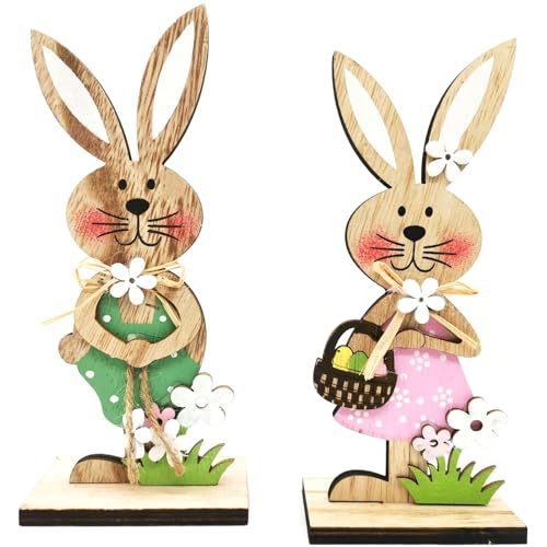 YIEUR 2 Stück Osterhasen Holz Figuren groß Aufsteller Ostern Hase mit Blumen Deko, 19cm Osterdeko Hasen Osterhasen Holz zum Hinstellen für Draußen Tischdeko Garten Deko (Hasen-Bunte) von YIEUR