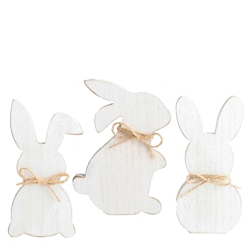 YIEUR 3 Stück Osterhase weiß Holz Aufsteller Osterhasen Figuren Deko, 17cm Osterdeko Holz Wohnzimmer zum Hinstellen für Draußen Tischdeko Garten Deko (weiß) von YIEUR