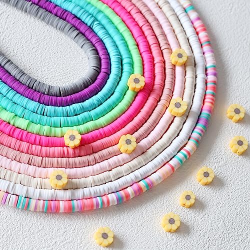 YIEUR 4320 Stück Heishi Perlen bunte mit 12 Stück Blumen Spacer Perlen, 12 Stränge Flache Polymer Clay Perlen Tonperlen mit Loch Weiche Keramik Perlen Zwischen Spacerperlen für DIY Schmuckherstellung von YIEUR